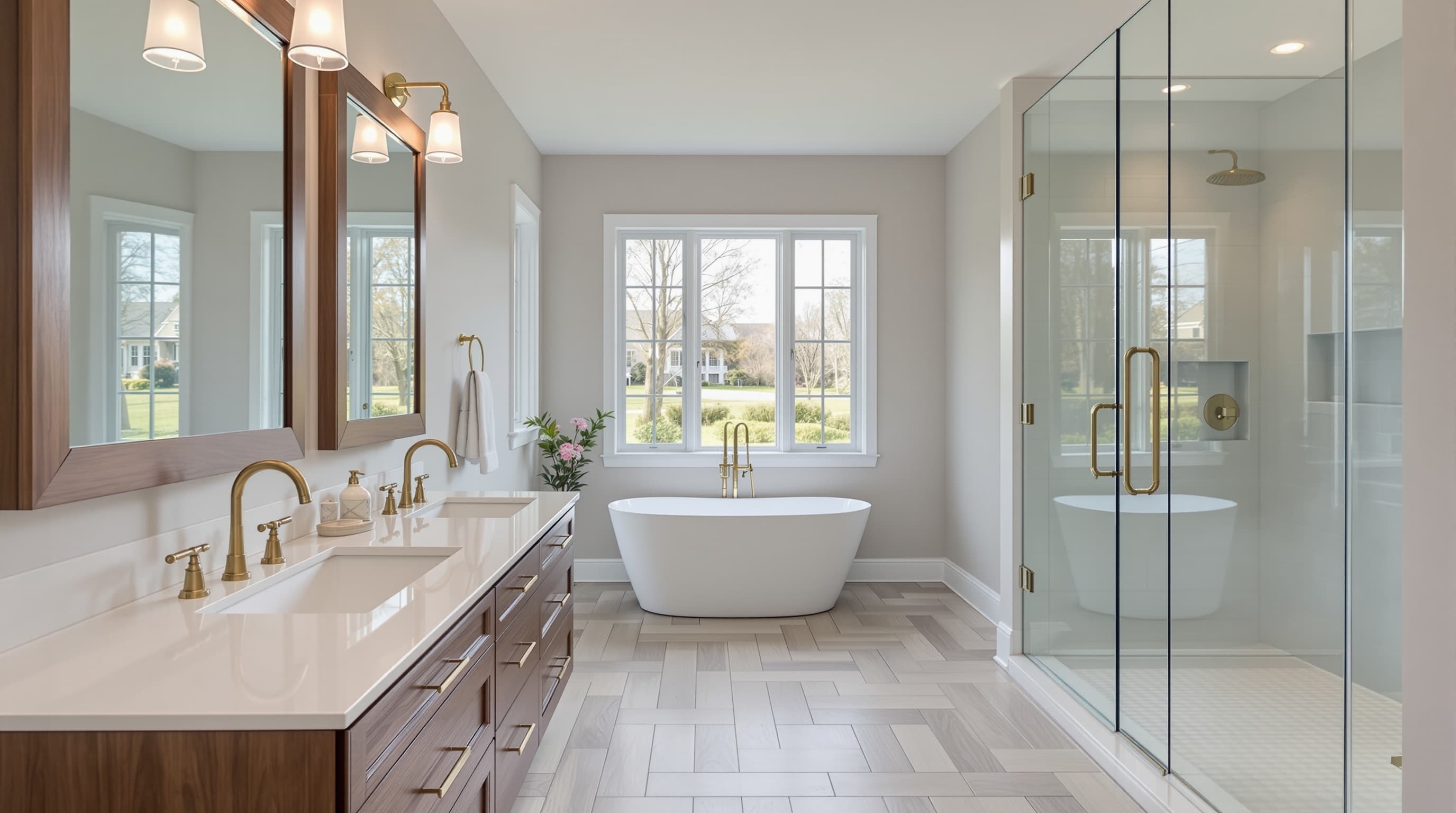 Master bathroom with double vanity and heated floor