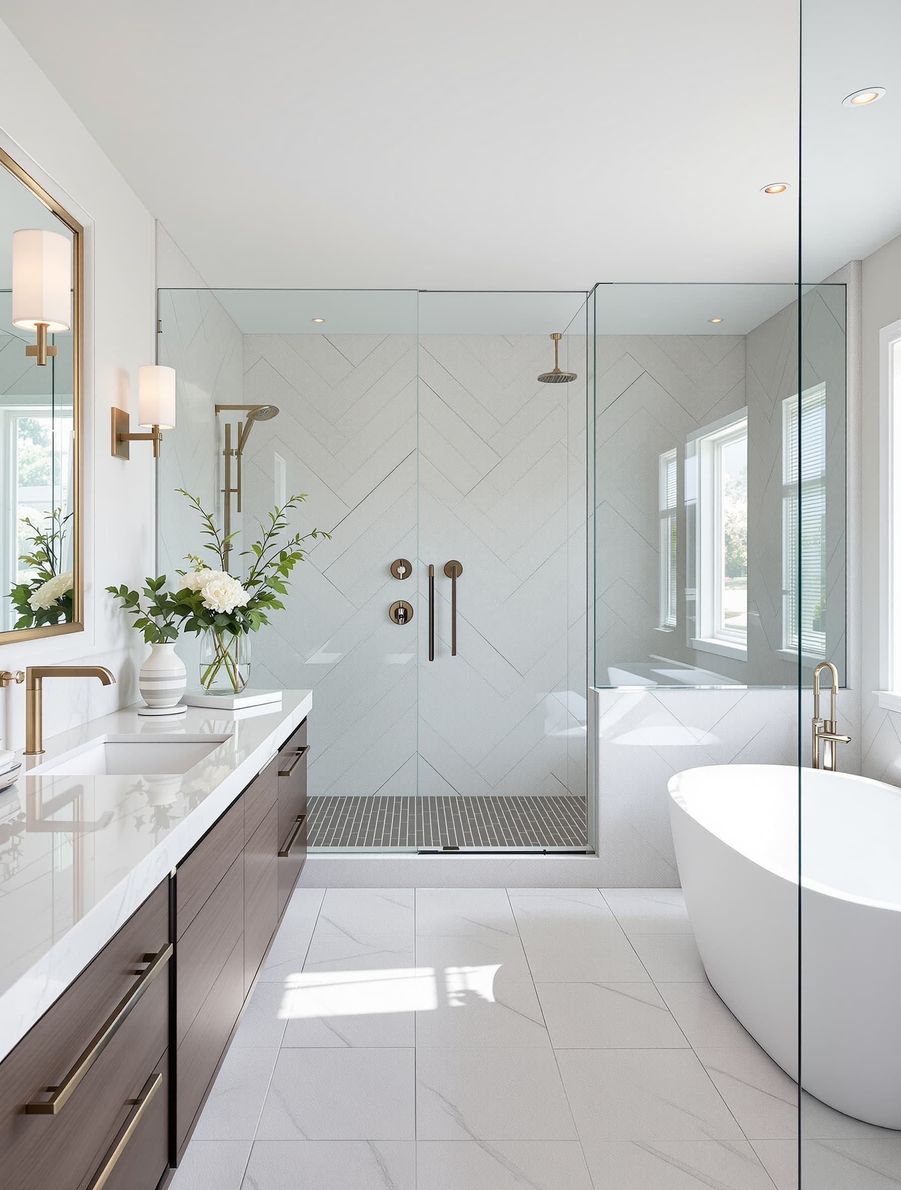 Walk-in shower with frameless glass enclosure