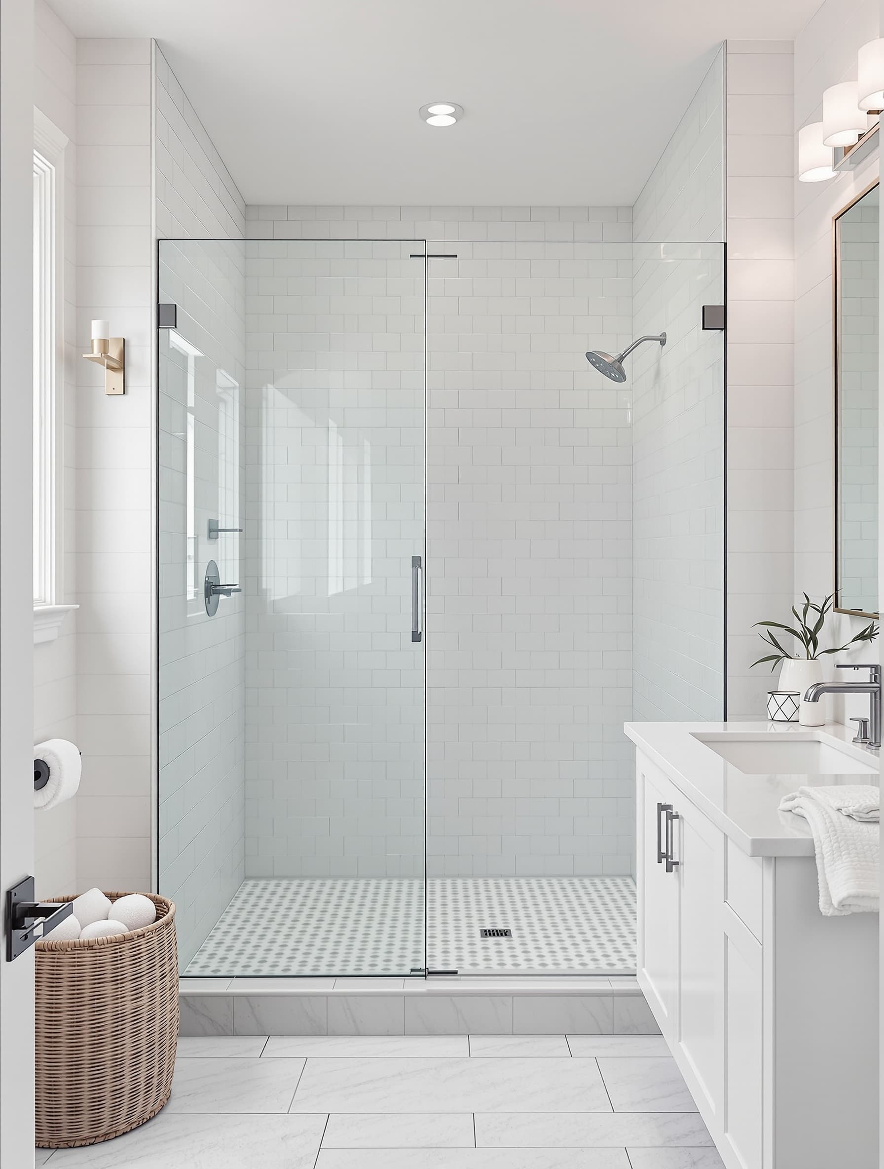 Bathroom tile installation with herringbone floor