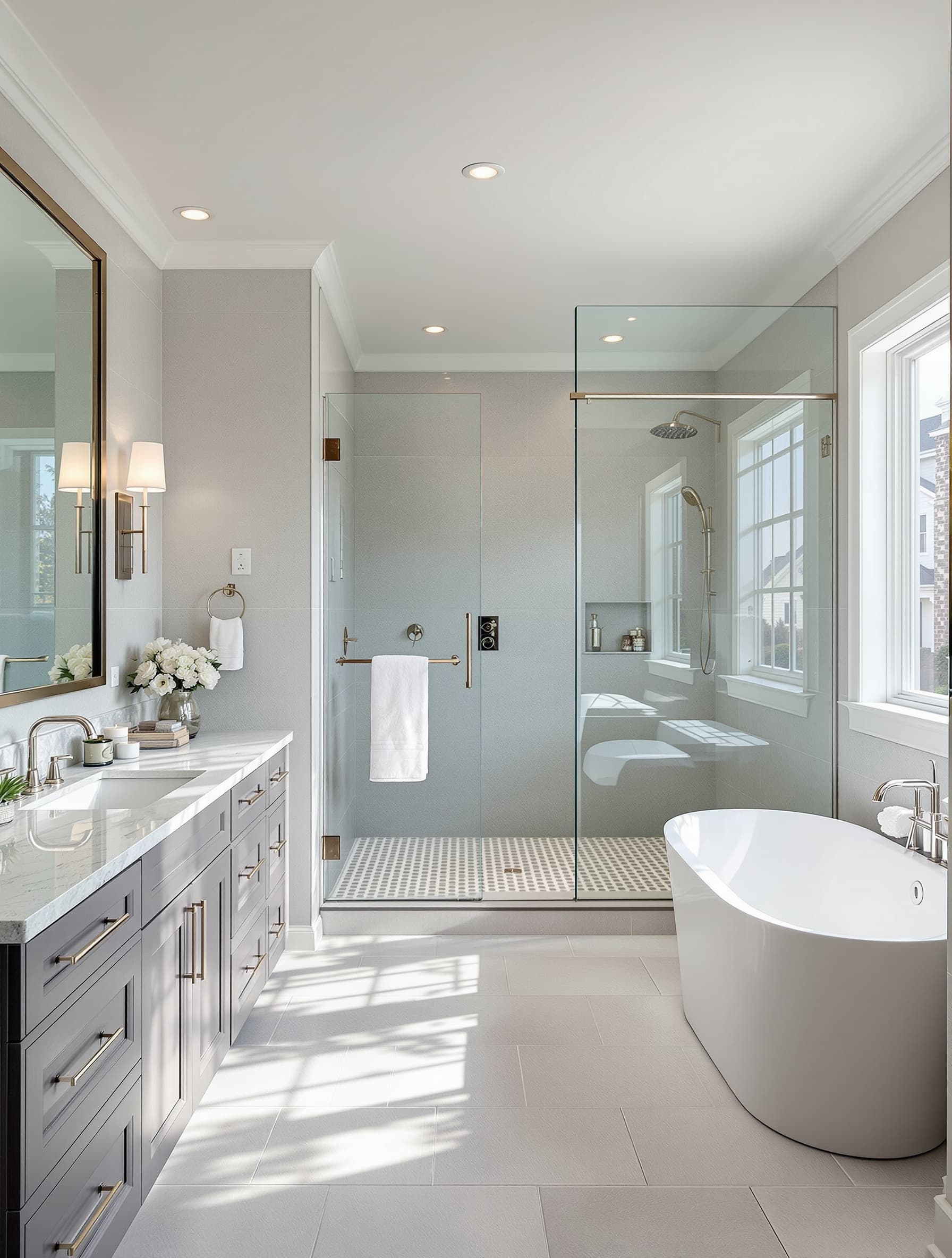 Completed master bathroom remodel with large-format porcelain tile