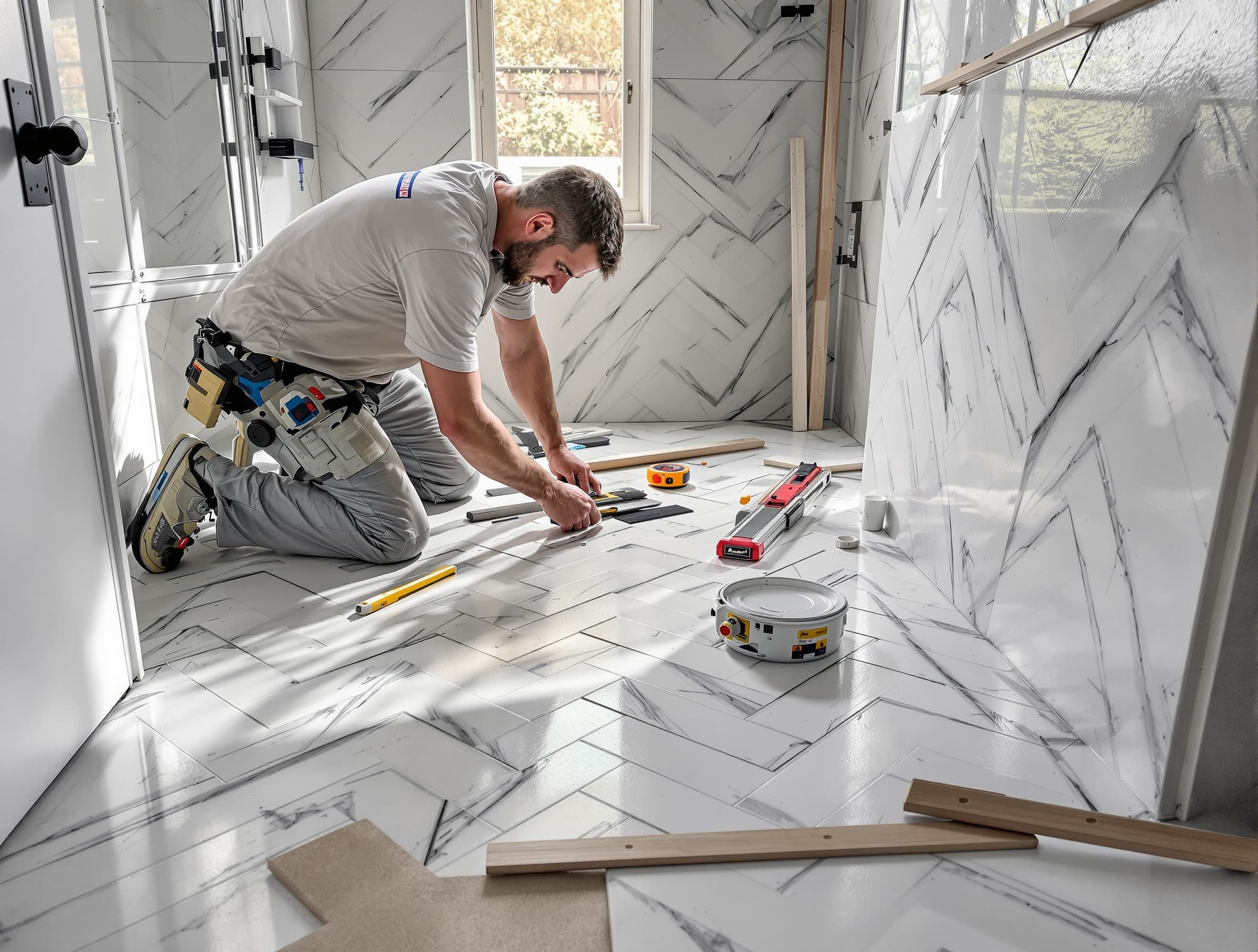 Floor-to-ceiling porcelain tile installation